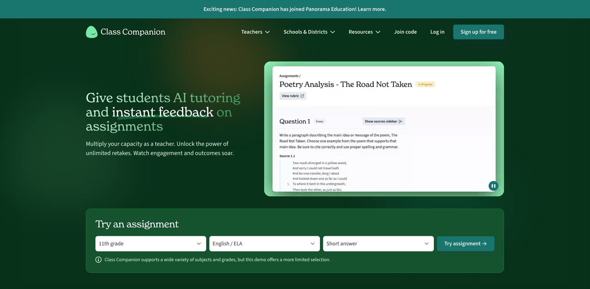 classcompanion.com - Provides instant feedback and AI tutoring on student assignments.