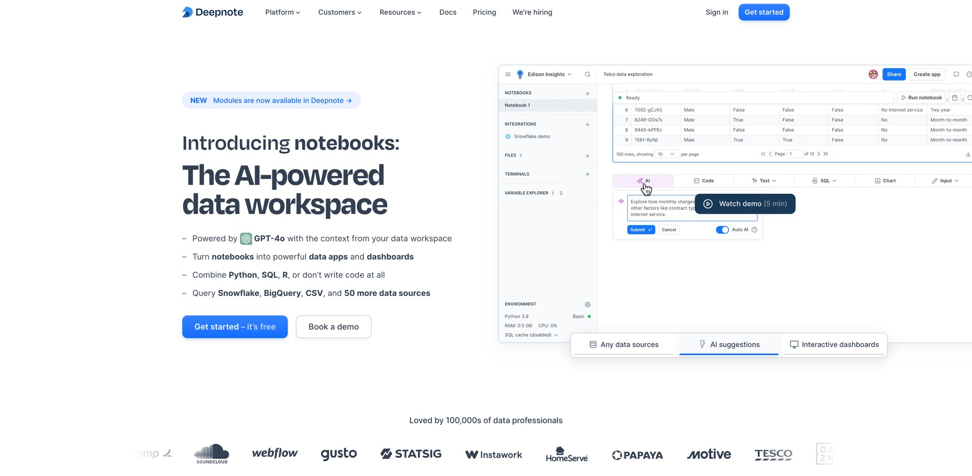 deepnote.com - Data workspace for analysis, visualization, and model training.