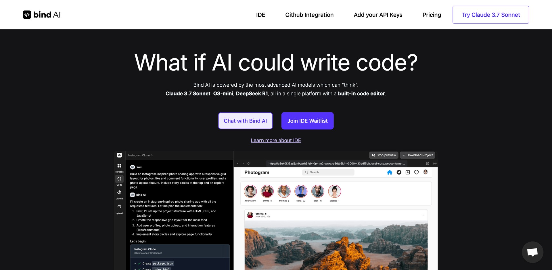getbind.co - Code generation, execution, & Github integration.