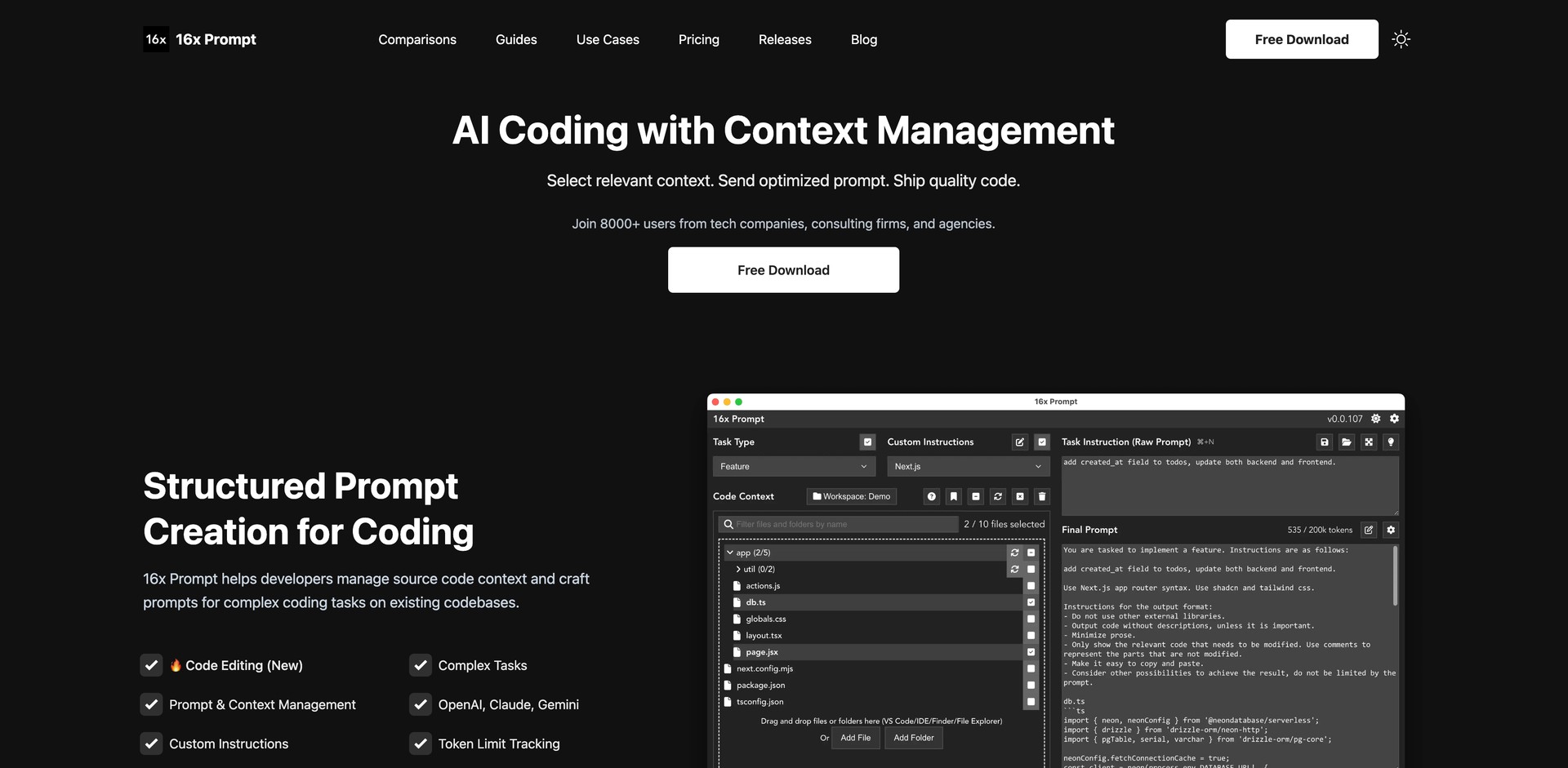 prompt.16x.engineer - Manages code context, optimizes LLM prompts, compares responses.