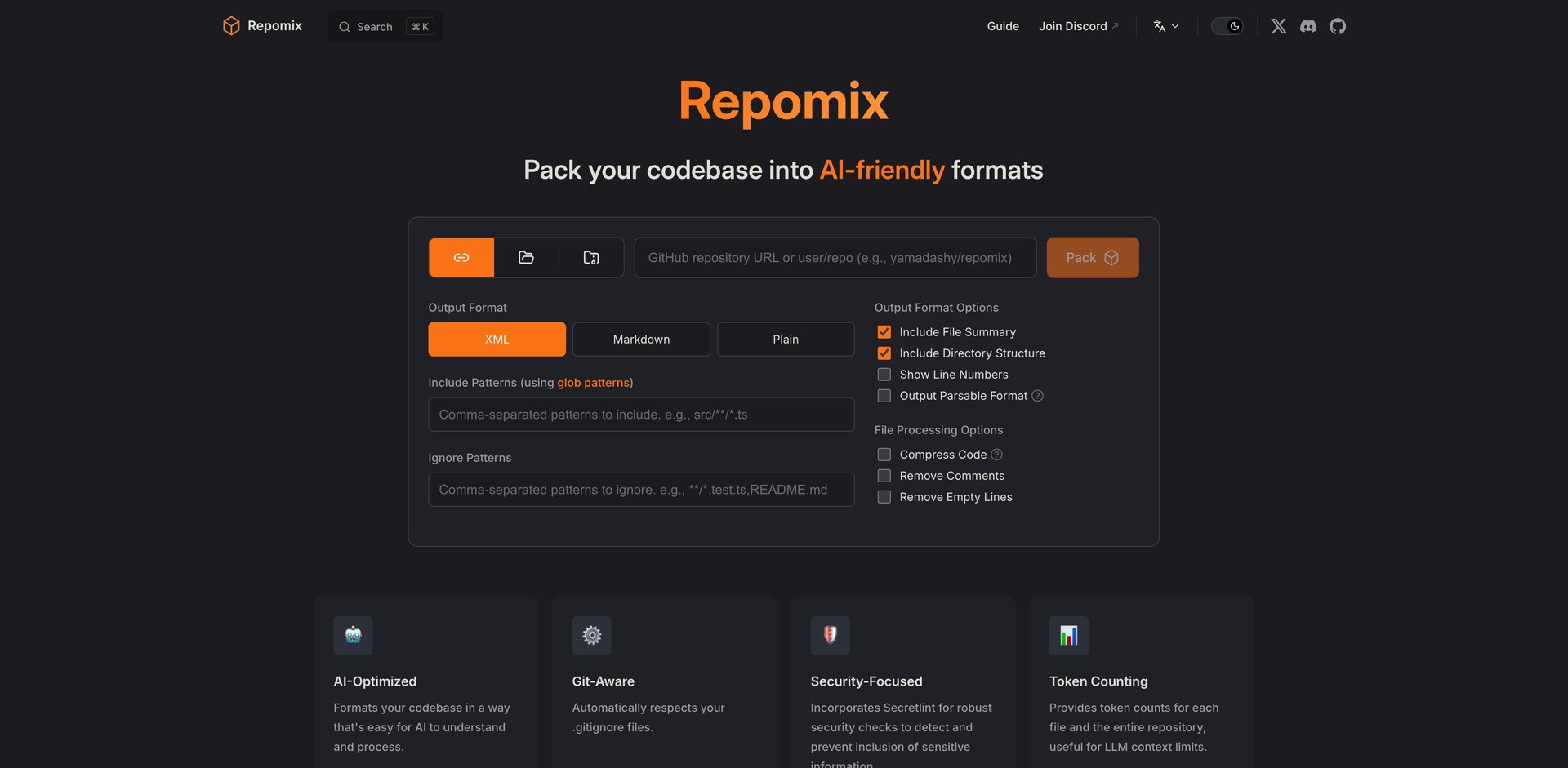 repomix.com - Prepares code for analysis, refactoring, and generation.